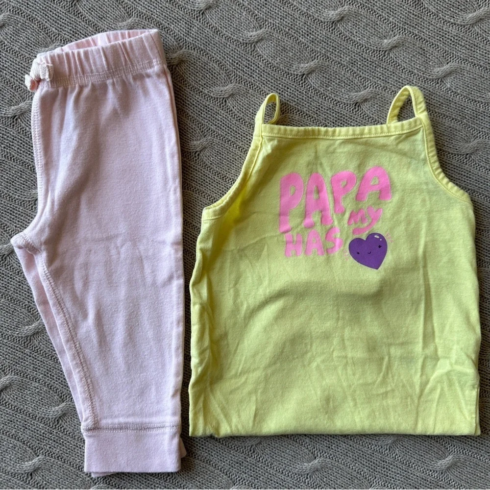 EUC Carter’s Baby Girl Outfit, Pink & Yellow “Papa Has My 💜”, 9 Months